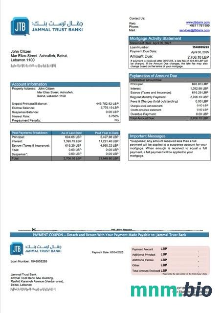 Liban Jammal Trust Bank wyciąg z kredytu hipotecznego szablon Word i PDF